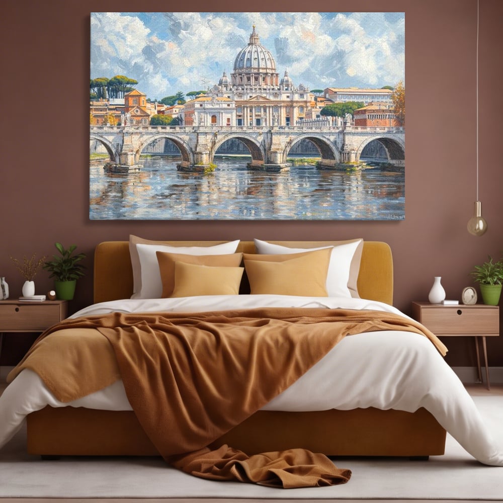 Tablou canvas cu tablou canvas cu podul si cupola vaticanului, fara rama, pe sasiu de lemn, pe perete intr-un dormitor